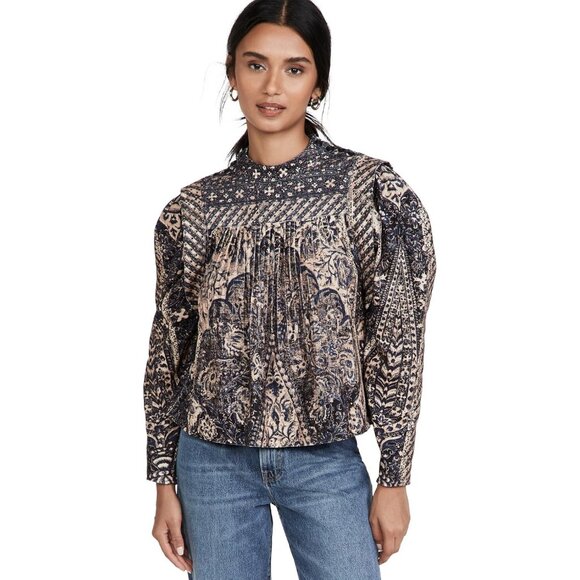 NWT Ulla Johnson Parker Pleated Printed Cotton-Corduroy Blouse in Twilight 2 - Picture 2 of 11